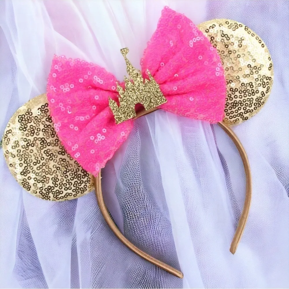 Pink and Gold Mouse Ears with Castle Sequin Bow - Brand New!